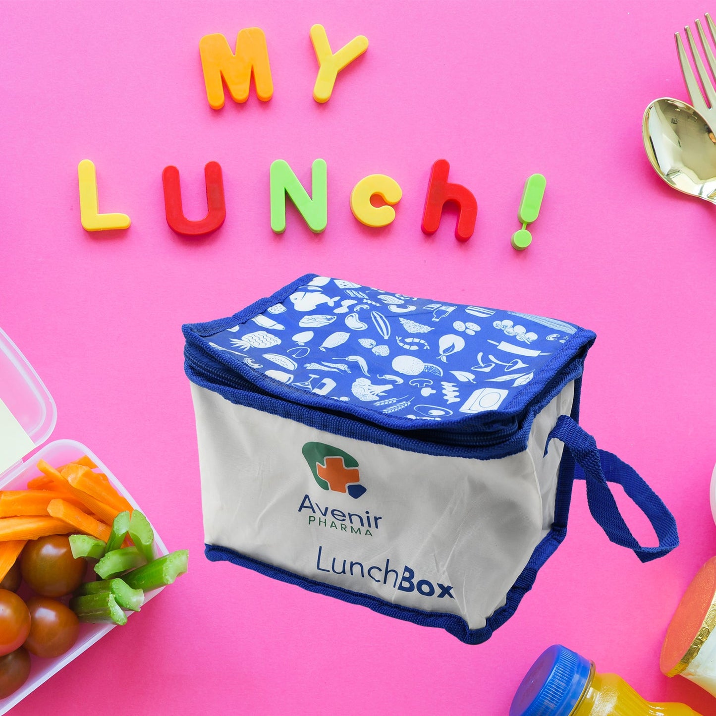 Waterproof insulated lunch bag, reusable for school or picnics.