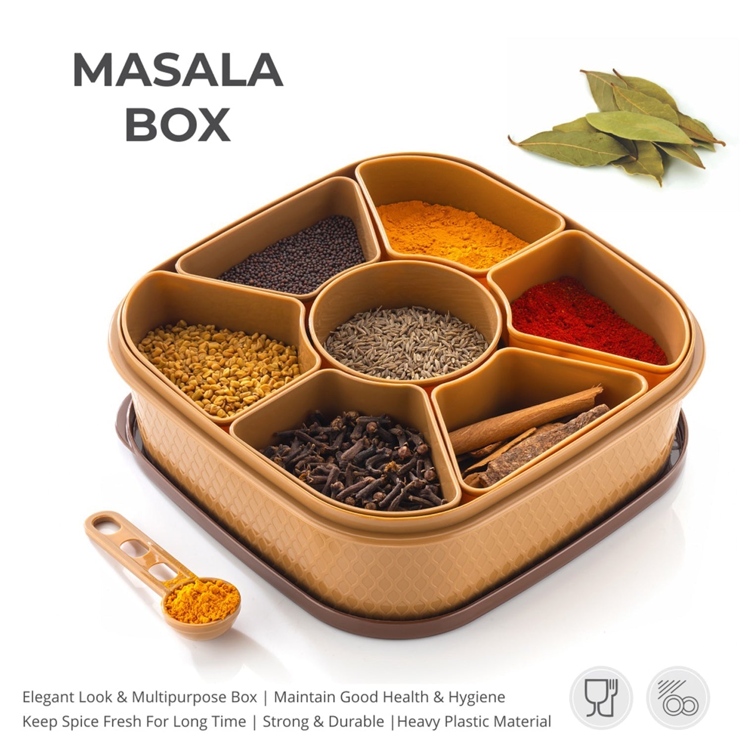 Masala box with 7 sections for spices, plastic in wooden style